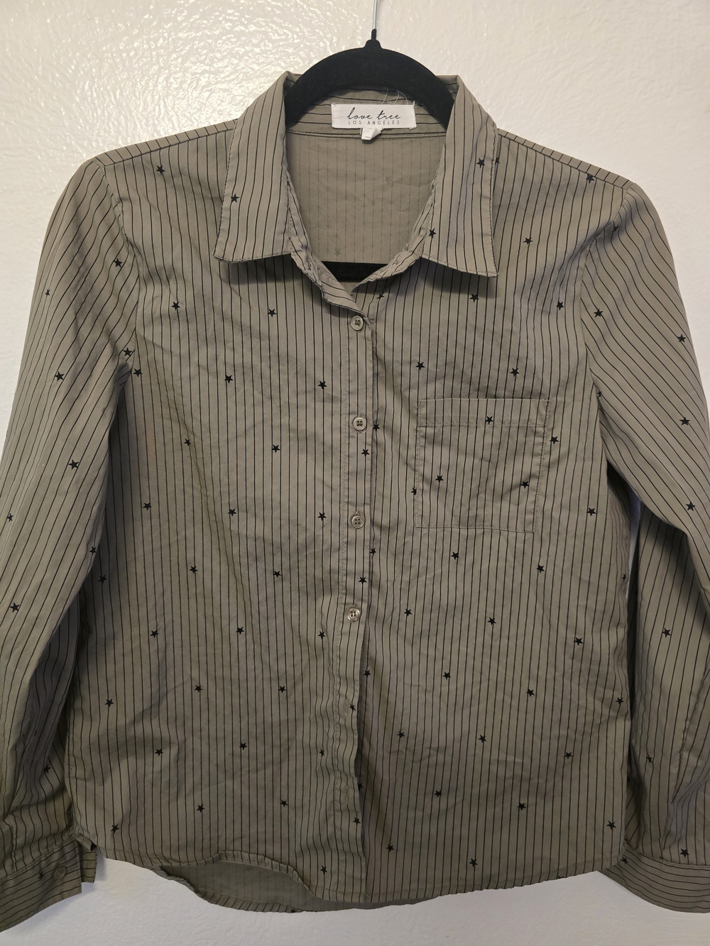 Love Tree Olive Green Pinstripe Button-Down Shirt with Star Motif